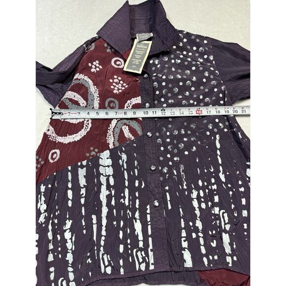 Harubella Batik Crinkle Art Shirt Purple Maroon Handmade Button Front Top Size M - Picture 8 of 8